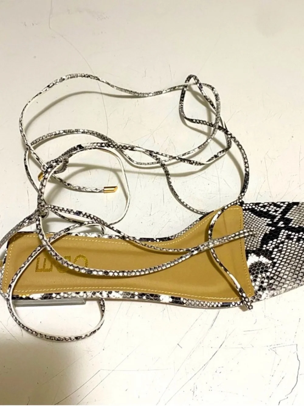 Snake-Print Lace-Up Sandal in Black & White